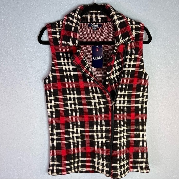 CLEARANCE CHAPS PLAID HOLIDAY VEST ASYMMETRICAL ZIPPER SIZE SMALL NWT - Picture 2 of 7